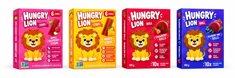 Private label example: four boxes of fruit stripes and rolls under a customer’s own brand